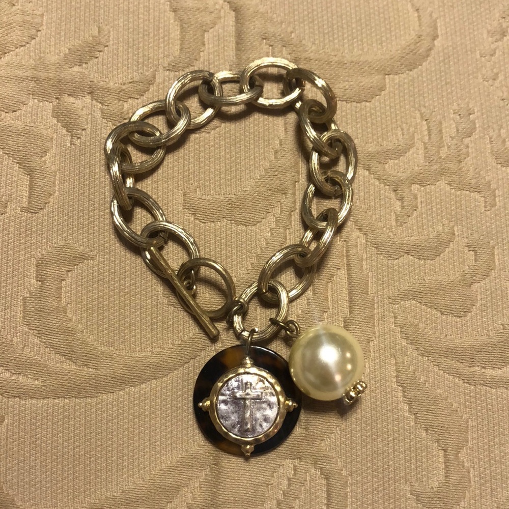 Gold Bracelet with Cross and Pearl Charm